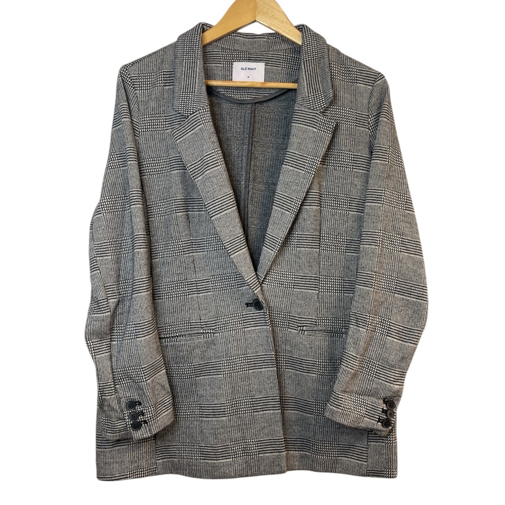 Old Navy Plaid Blazer Jacket Grey Black Check Print Size M